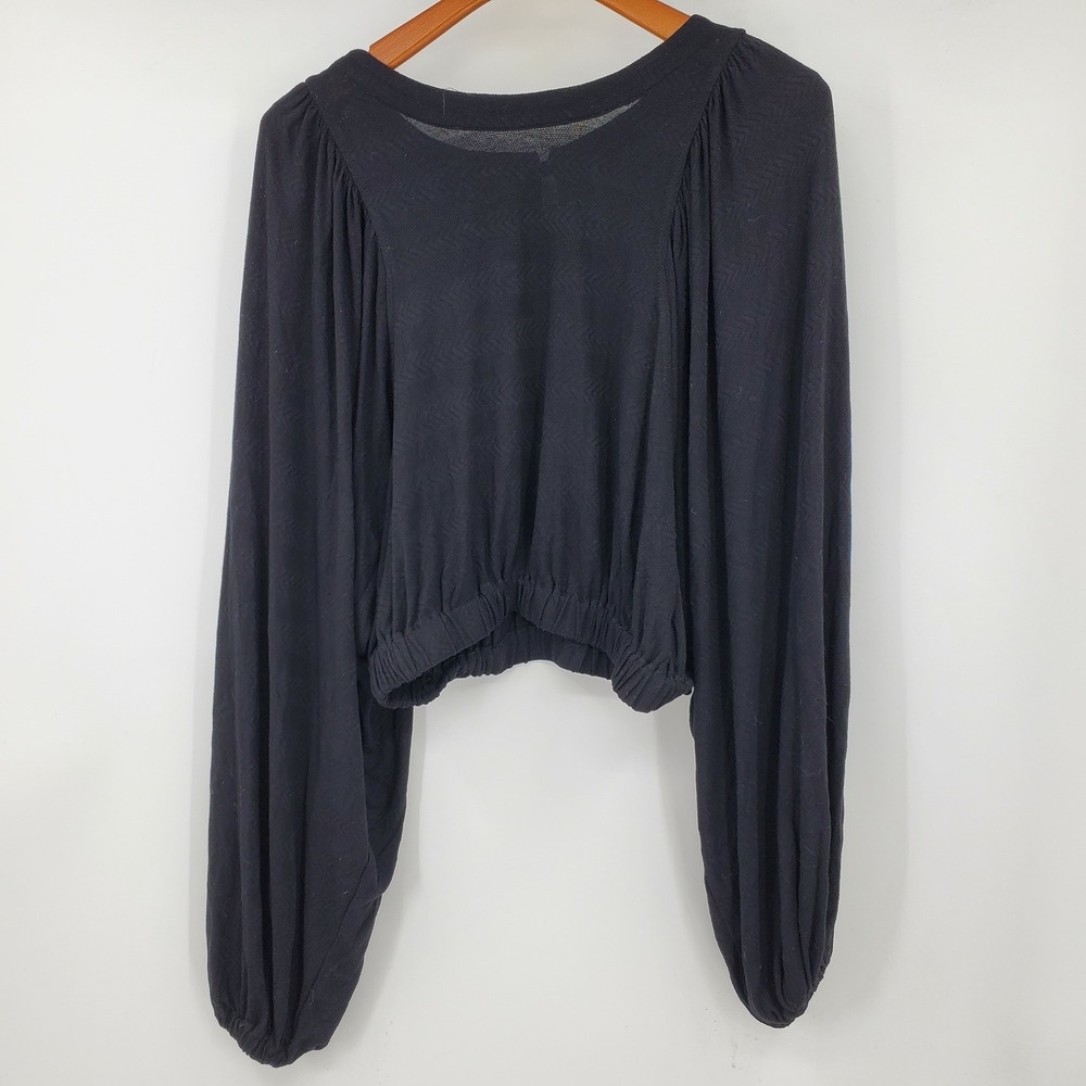Free People Black Chevron Cropped Balloon Sleeve Shirt Small Button Back Witchy